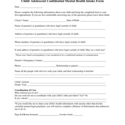 Printable Mental Health Intake Form Template Templates Confidential