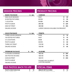 Superior Free Price List Templates Sheet Photography Template