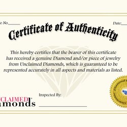 Certificate Of Authenticity Autograph Template Remarkable Unclaimed Diamonds Example Cert