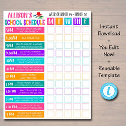 Great Schedule Weekly Checklist Editable Template Daily School Kids Printable Calendar Planner Student
