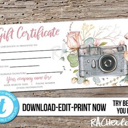 Editable Printable Custom Photography Gift Certificate Template Photo Session Card High Voucher Floral Camera