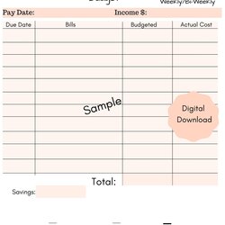 Tremendous Weekly Bi Paycheck Budget Template Printable Digital