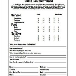 Sterling Restaurant Comment Card Template Sample Feedback Forms