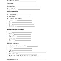 Outstanding Employee Information Form Template Forms Contact Sample Emergency Business Release Check Human