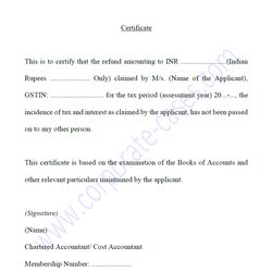 Chartered Accountant Certificate Format For Refund