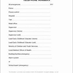 Emergency Phone Numbers Template List Printable Of
