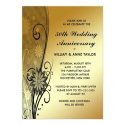 Very Good Wedding Anniversary Invitations Templates Card Gold Swirls Flower Invitation Party Golden Cards