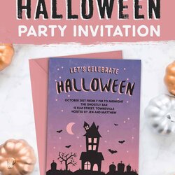Fantastic Free Printable Halloween Party Invitation Haunted House Template Using Quirky Colours Sunset Such