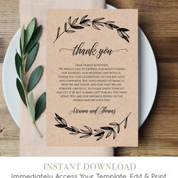 Printable Wedding Thank You Letter Reception Note In Lieu Card Favor Instant Editable Digital Minty Contact