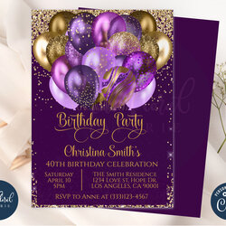 Terrific Purple And Gold Birthday Invitation Template Editable Invites
