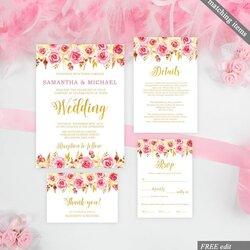 Splendid Pink And Gold Wedding Invitation Set Template Printable Floral
