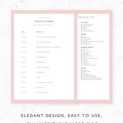 Wedding Template Bridal Day Schedule Word Planning Checklist Editable List Reception Packing Itinerary