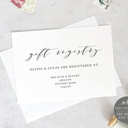 Tremendous Wedding Registry Card Template Elegant Script Editable Gift