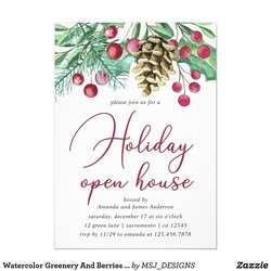 Tremendous Watercolor Greenery And Berries Holiday Open House Invitation Christmas Invitations Wording Choose