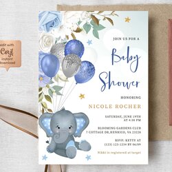 Elephant Boy Baby Shower Invitation Template Blue Balloons