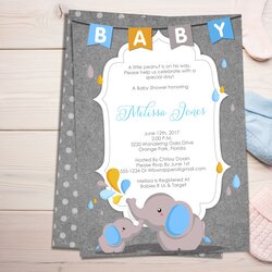 Capital Elephant Baby Shower Invitation Blue Boy Version Editable
