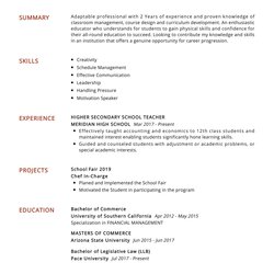 Fine Indian Teacher Resume Format Template Secondary School