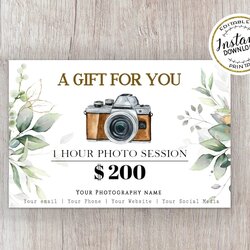 Photography Gift Certificate Template Editable Card