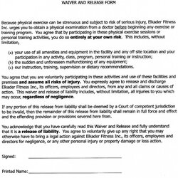 Free Printable Liability Waiver Forms Form Generic Release Sample Agreement Template Fitness Employees