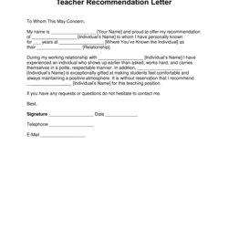 Letter Of Recommendation Sample Teacher Template