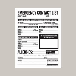 Super Printable Emergency Contact Card Example Document Template Daycare Babysitter Nanny Childcare Call