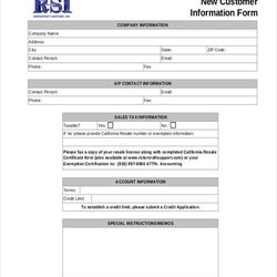 New Customer Template Information Form