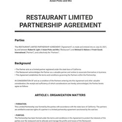 Cool Restaurant Limited Partnership Agreement Template Google Docs Word