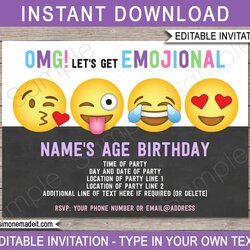 Perfect Invitation Template Birthday Party Theme Printable Invite Editable Emoticon Instant Text