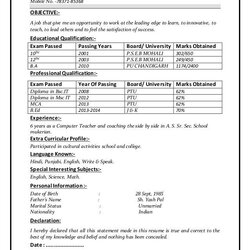 Champion Hindi Teacher Resume Basic Format For Job Freshers