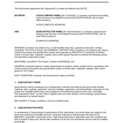 Excellent Subcontractor Contracts Templates Free Printable Subcontract Agreement