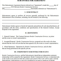Peerless Fresh Contractor Subcontractor Agreement Template Free Form