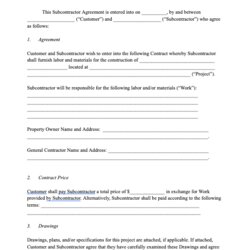 Perfect Subcontractor Contracts Templates Free Printable Agreement Template Thumbnail