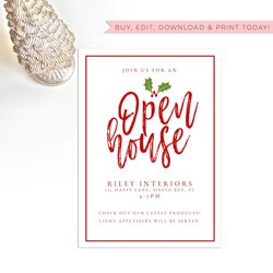 Swell Holiday Open House Invitation Template Editable Printable Christmas Invite