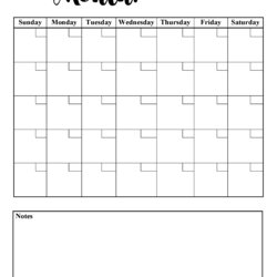 Magnificent Printable Blank Calendar With Notes Monthly On The Bottom