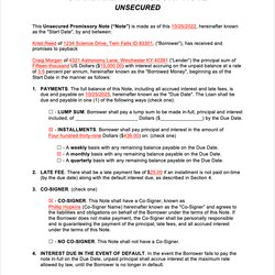 Superb Free Unsecured Promissory Note Template Word Sample