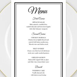 Fantastic White Plate With Black And Gold Border On It Wedding Menu Template Menus