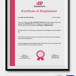 Certificate Of Employment Template Regular