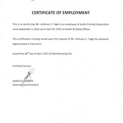 Very Good Certificate Of Employment Certificates Templates Free Training Letter Certify Employer Sweden Mr