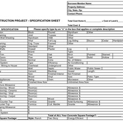 High Quality Excel Templates New Construction Spec Sheet Specification