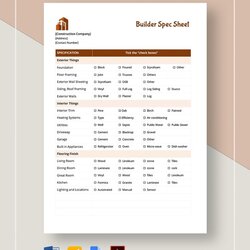 Building Spec Sheet With The Text Build On It And Icons Builder Word