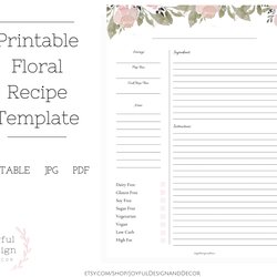 Supreme Editable Recipe Page Floral Printable Card Blank