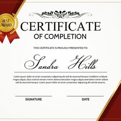 The Highest Standard Certificate Of Completion With Red Ribbon And Gold Border Award Template Awards